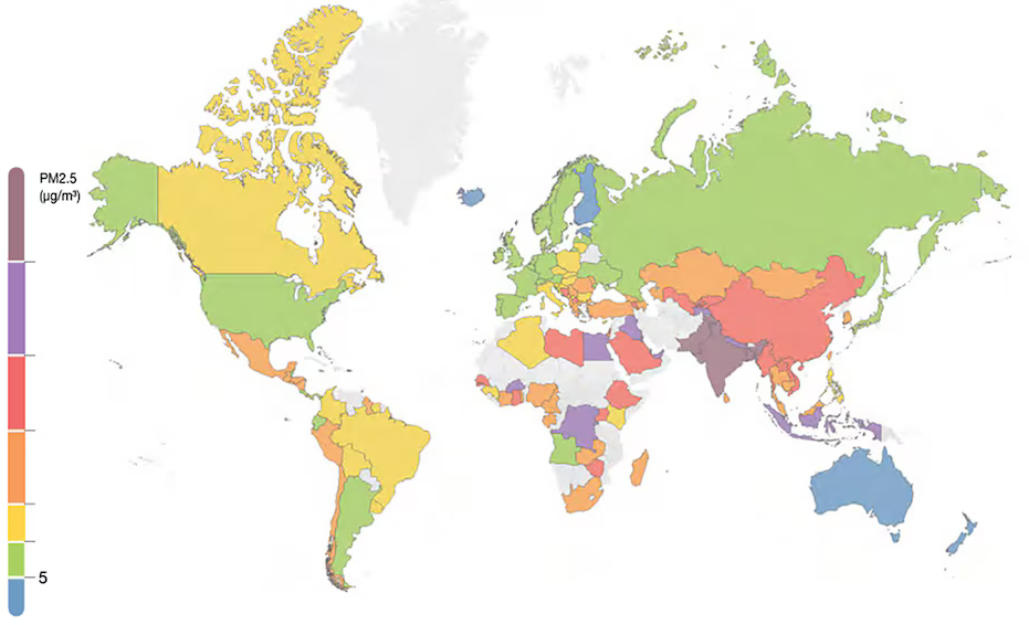 Mapa mundial de países con contaminación por partículas en el aire. 